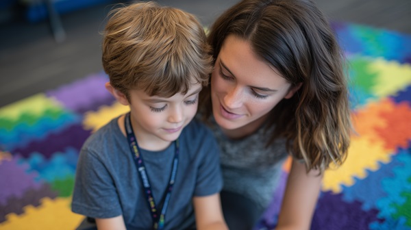 Woman kneeling beside a young boy on a colorful puzzle mat, gently guiding his attention as they look down together.