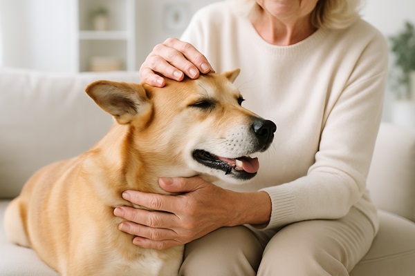 A close-up of an older woman's hands gently petting and stroking a happy, light brown dog resting on her lap or next to her on a couch.