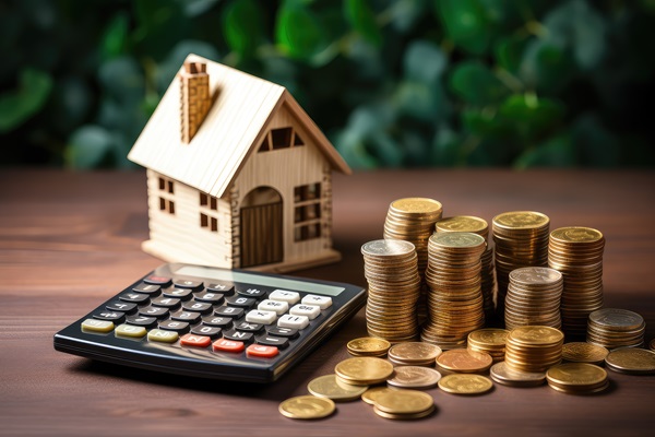 A calculator, a wooden miniature house, and stacks of gold and copper coins are arranged on a wooden table with a blurred green leafy background.