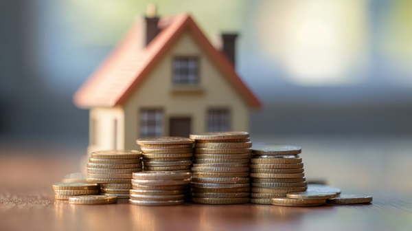 Several stacks of gold coins of varying heights in the foreground with a small model house blurred in the background.