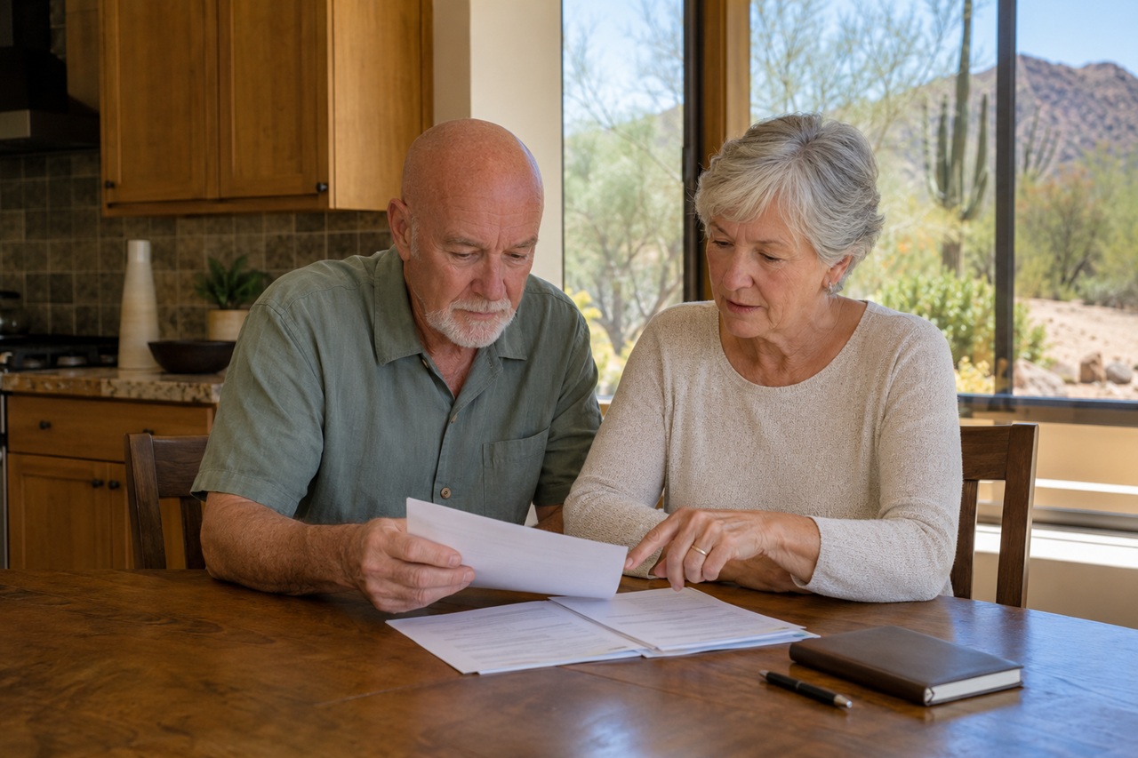 An older couple sitting at a kitchen table reviewing documents with a desert landscape visible out the window, illustrating how "snowbirds" handle multi-state property with an Arizona estate plan.