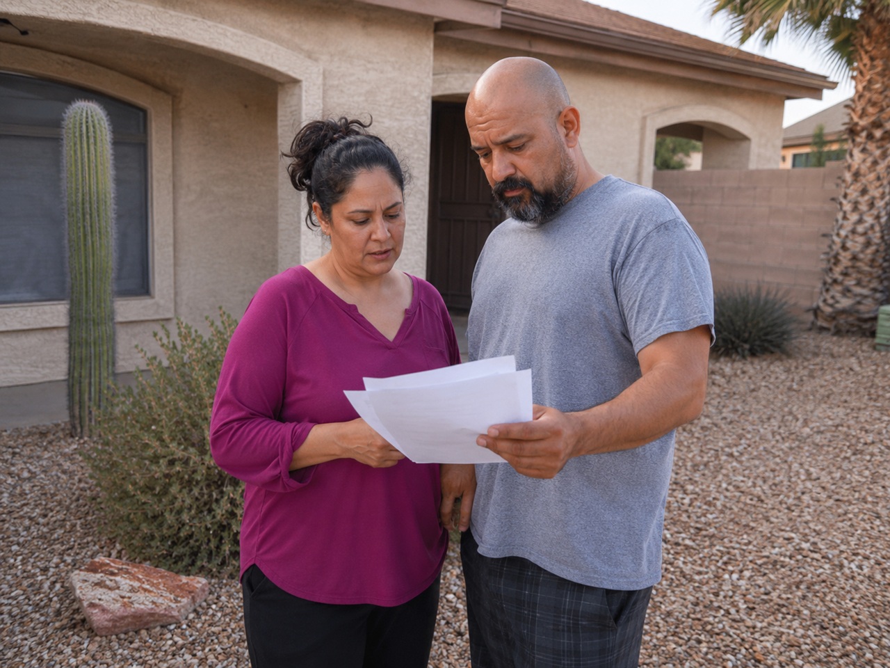 A married couple stands in front of their Arizona home with desert landscaping and a saguaro cactus, reviewing legal documents together, depicting spouses navigating community property rules and estate planning decisions under Arizona law.