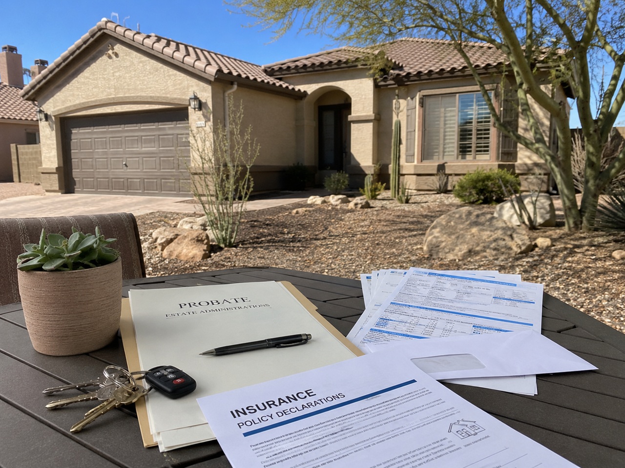 A probate estate administration folder, house keys, and insurance policy documents laid on a table outside an Arizona home, illustrating the expenses involved in settling an estate.